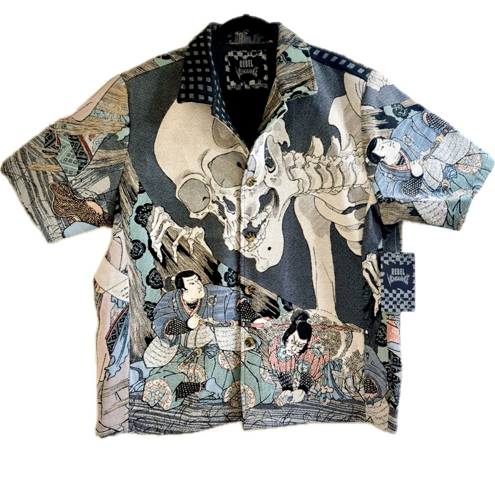 Rebel Vengeance All Over Print Japanese Samurai Skull Shirt Jacket Shacket  M